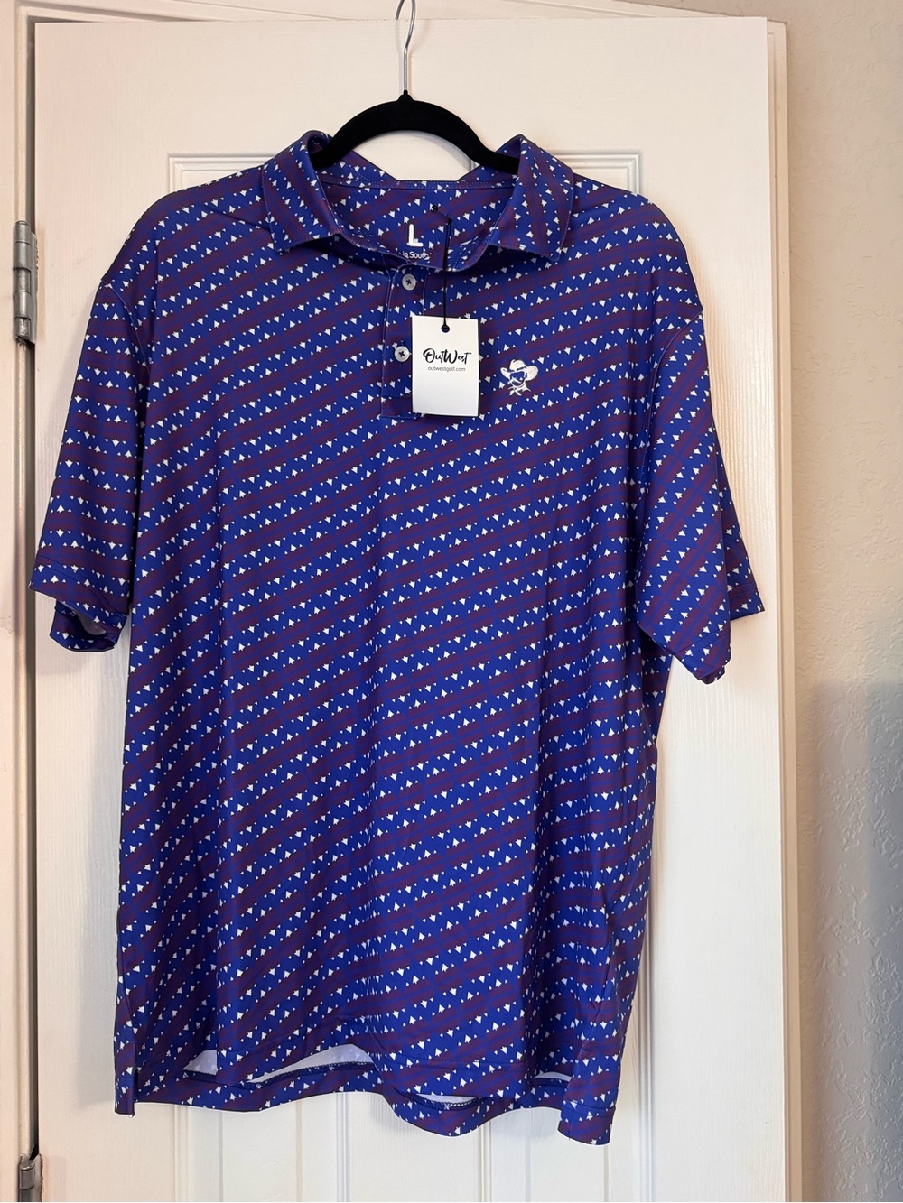 Outwest men’s large blue golf polo cowboy logo performance NWT
